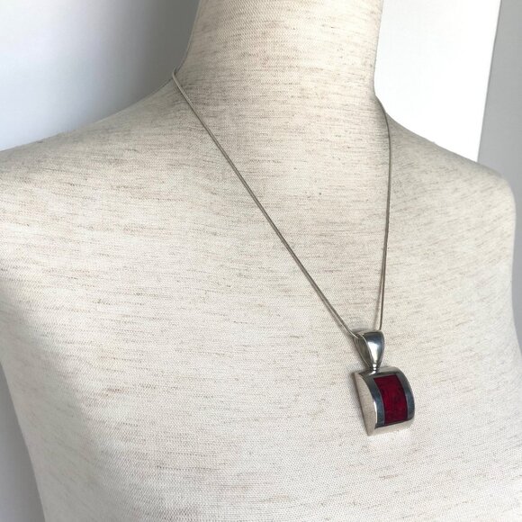 Solid Sterling Silver 925 Sim Red Jasper Pendant Necklace 19.5" Snake Chain - Picture 12 of 16